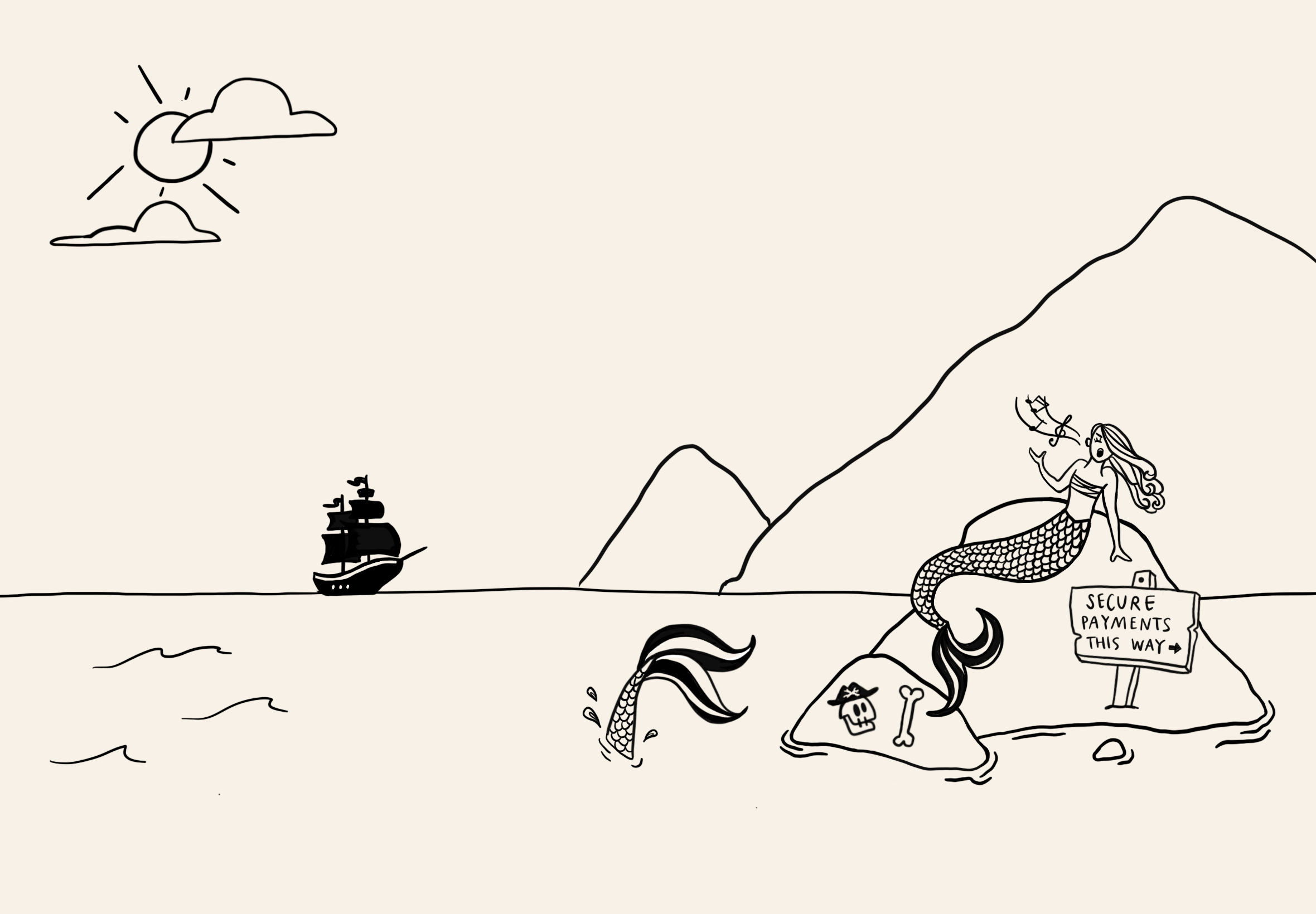 A siren perched on rocks beside a 'Secure Payments This Way' sign, luring a ship — illustration for 4D Chess in Card Payments.