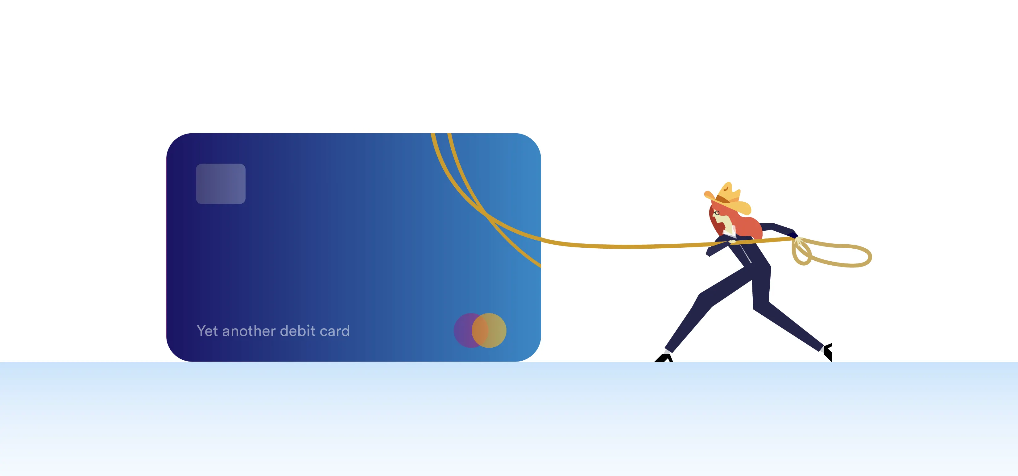 A cowboy lassoing a giant debit card labeled 'Yet another debit card' — illustration for Reining in the BaaS Euphoria.