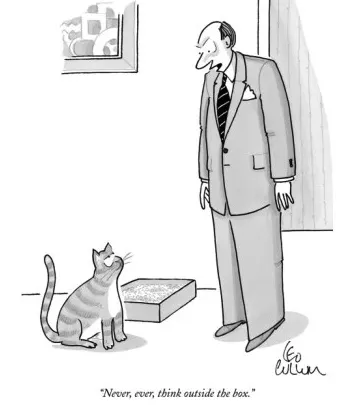 A New Yorker cartoon: a man in a suit addresses his cat, with the caption 'Never, ever, think outside the box.'