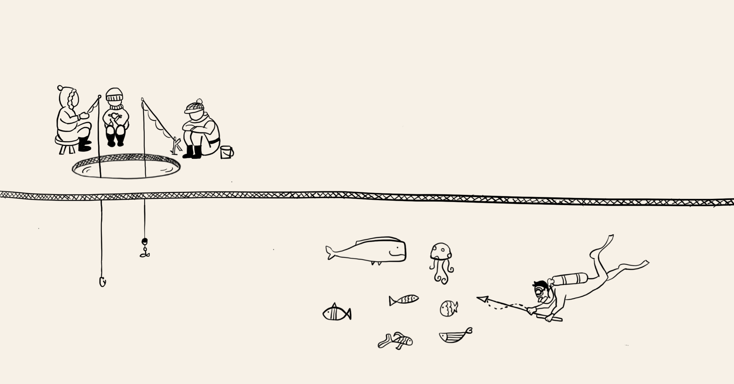 Ice-fishers casting lines from above while a diver spearfishes below the surface — illustration for Seeding the Rebels.